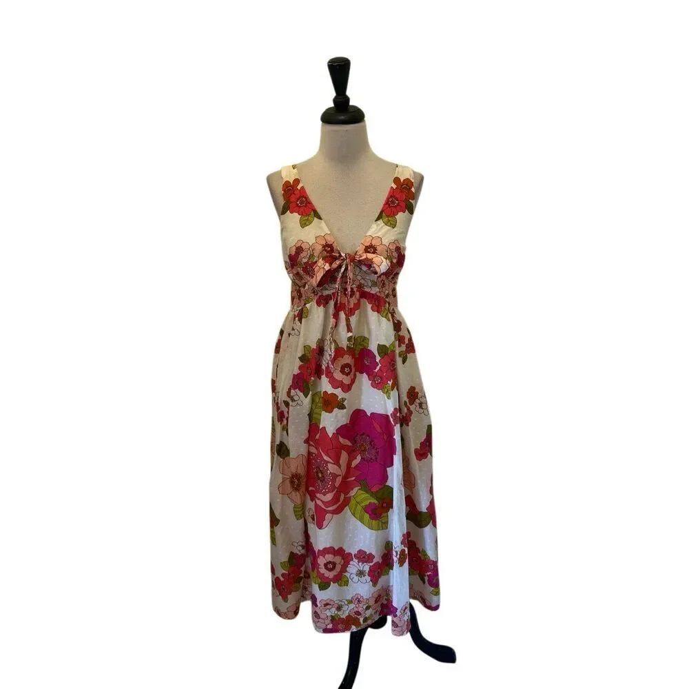 Anthropologie Love The Label Women's Rosette Floral Mid Dress White Pink Size XS